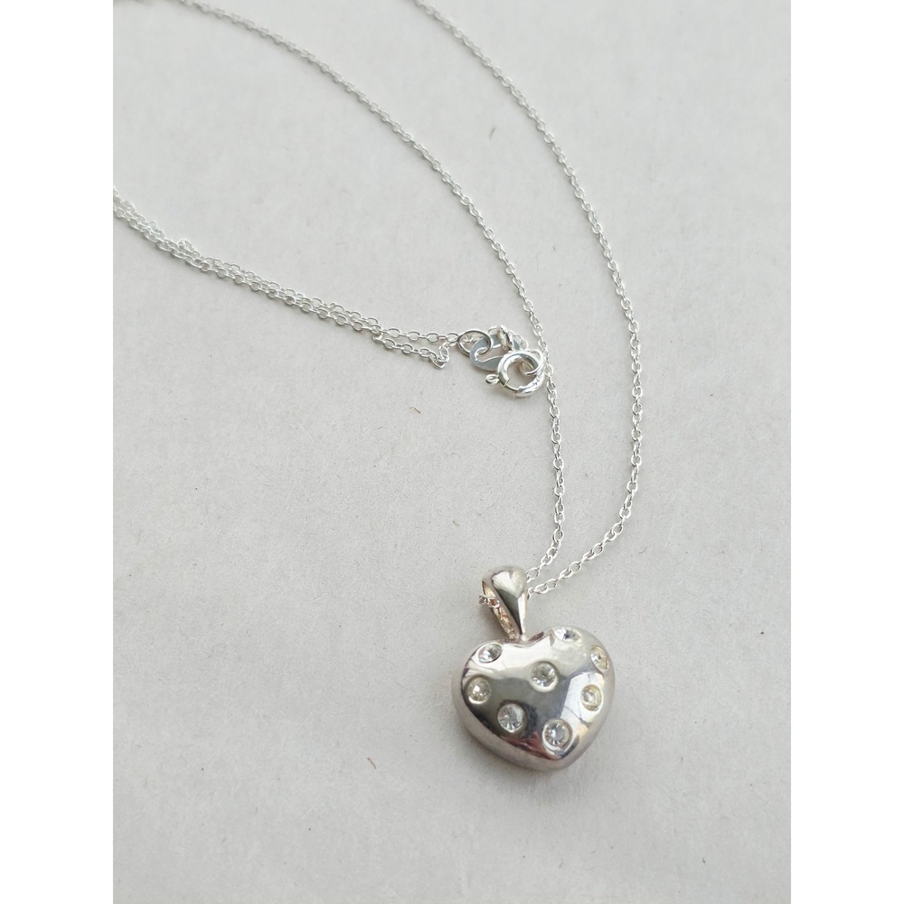 Sterling Silver 925 Puffed Heart Crystal Pendant Necklace 18 Inch Chain